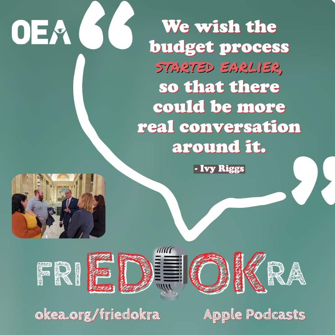 okea's tweet photo. Check out our newest episode on Fried Okra the podcast. Ep. 102 with Ivy Riggs about budget discussions at the Capitol. #okaed

Listen on Apple Podcasts or https://t.co/GEy62ijeoh https://t.co/O9ENwLoQln