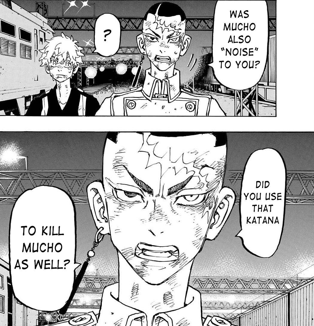 keisfangs's tweet photo. #TokyoRevengers255 #TR255 

it seems that kakucho hit a sensitive spot here. the issue of sanzu killing mucho has always been a sensitive point bc of how close they were, i feel that sanzu did appreciate him, but since his king is always before anyone else, that happened https://t.co/f5YkIRaYWC