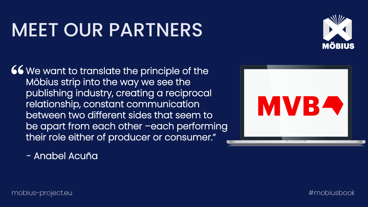 mobius_europe's tweet photo. 👥🟣Meet our partners: MVB
MVB makes books visible👉 We talked to Anabel Acuña 💡EU Project Manager by MVB 🔝
#mobiusbook #mobiusproject
Discover more about it here 🔗 https://t.co/PANr4XwPaG https://t.co/wq18sFwPVH