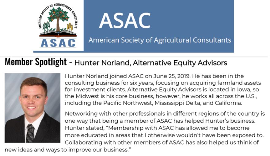 American Society of Agricultural Consultants (<a href="/The_ASAC/">ASAC- American Society of Agricultural Consultants</a>) Member Spotlight:  Hunter Norland (<a href="/hunter_norland/">Hunter Norland</a>) Acquisitions Manager at Alternative Equity Advisors. (<a href="/AltEquityAdv/">Alternative Equity Advisors</a>). alternativeequityadvisors.com   linkedin.com/in/hunternorla… #agconsultants #farmland #investment #agfinance #ag