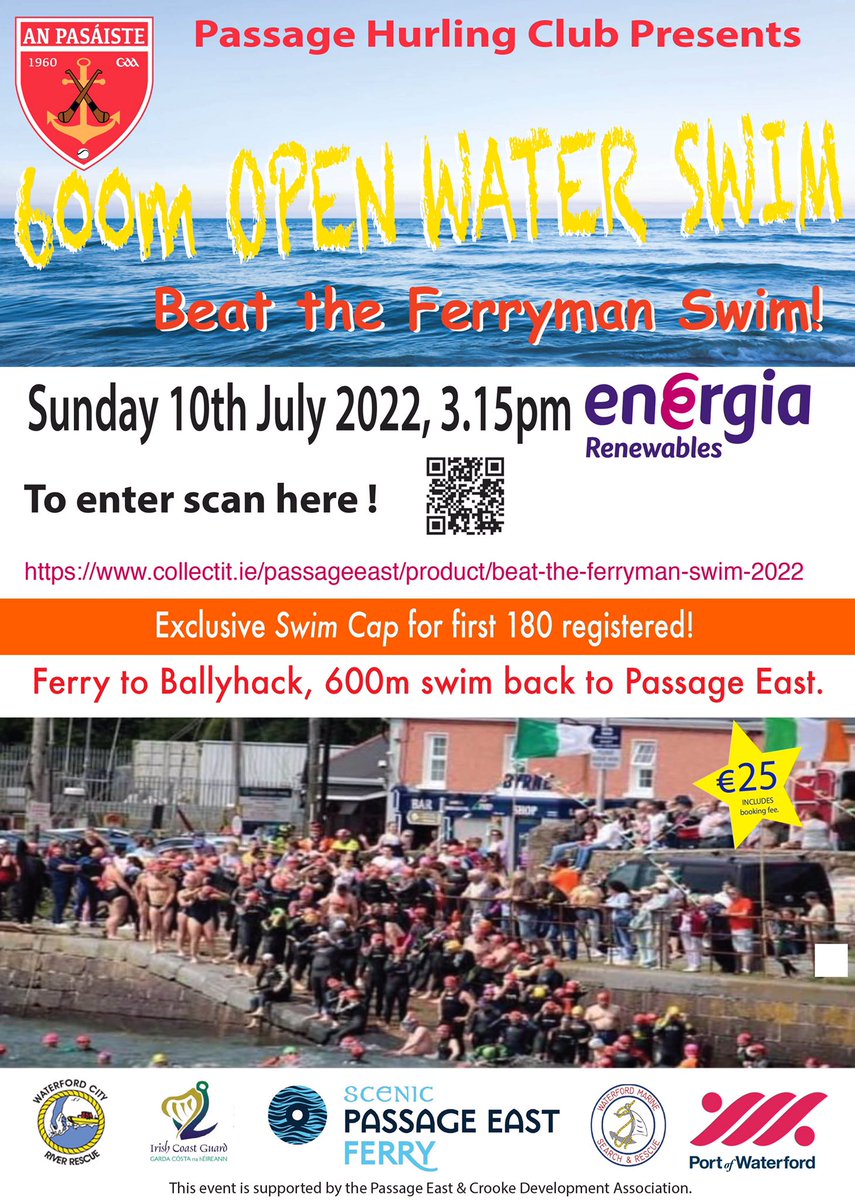 Beat The Ferryman Swim is back for 2022! 🏊‍♀️ 🏊‍♂️ 
Sponsored by <a href="/EnergiaEnergy/">Energia Energy</a> and in conjunction with <a href="/PassageCarFerry/">Passage East Car Ferry</a> and <a href="/PortofWaterford/">PortofWaterford</a> registration is now open at collectit.ie/passageeast/pr…