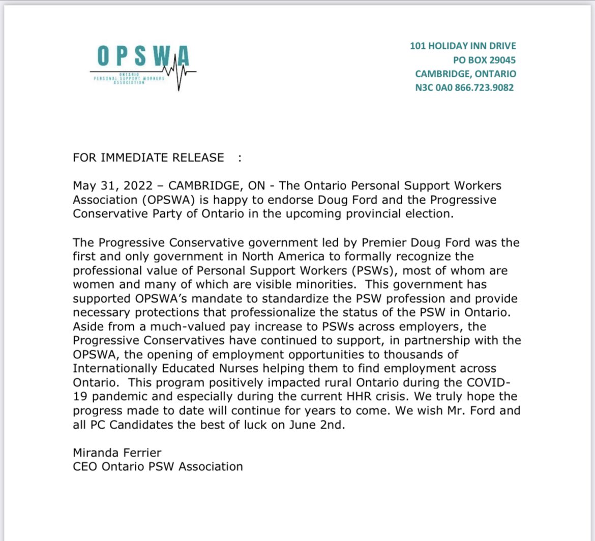 AndrewAitkenPC's tweet photo. We are pleased to share that today, the Ontario Personal Support Workers Association  announced their endorsement of @fordnation &amp; the @OntarioPCParty as the best choice for the June 2nd provincial election. #onpoli https://t.co/RdkdB513ff
