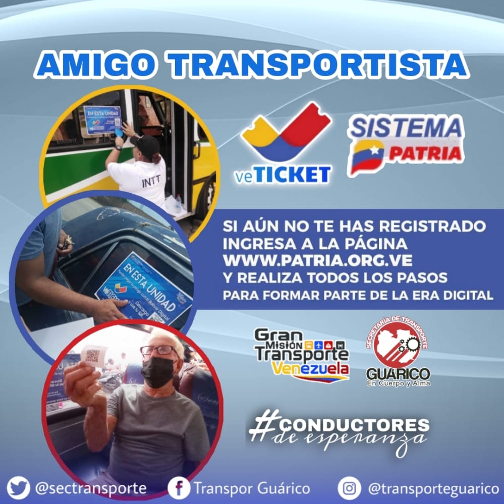 Amigo transportista, recuerda que con solo ingresar a la página Patria y seguir los pasos, te podrás registrar para el cobro de pasaje automatizado.

¡Rumbo al Bolívar Digital!
<a href="/josemvasquez/">José Vásquez</a>
<a href="/Gob_Guarico/">Gobierno de Guárico</a>
<a href="/Alexradical/">Alexander Freites M.</a>

#ConductoresDeEsperanza
#EnCuerpoYAlma
#TransporteGuárico