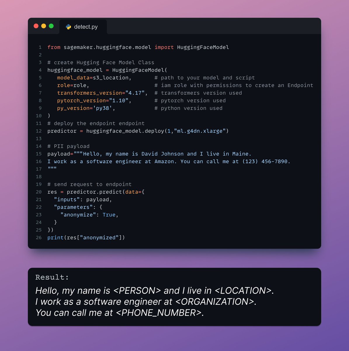_philschmid's tweet photo. PII or Personally identifiable information is any data that could identify an individual
🧑 Name
🏡 Address
🎂 Date of birth
💳 Credit Card number

We created a new blog on how to recognize and anonymize PII with Transformers
📕https://t.co/1EMCV8UWSf
⭐️https://t.co/f11Xo0rQHy https://t.co/E9JmYnLPit