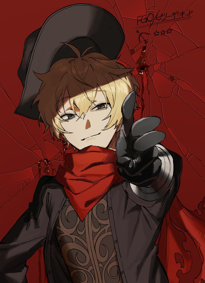 1boy male focus red scarf gloves blonde hair hat solo  illustration images