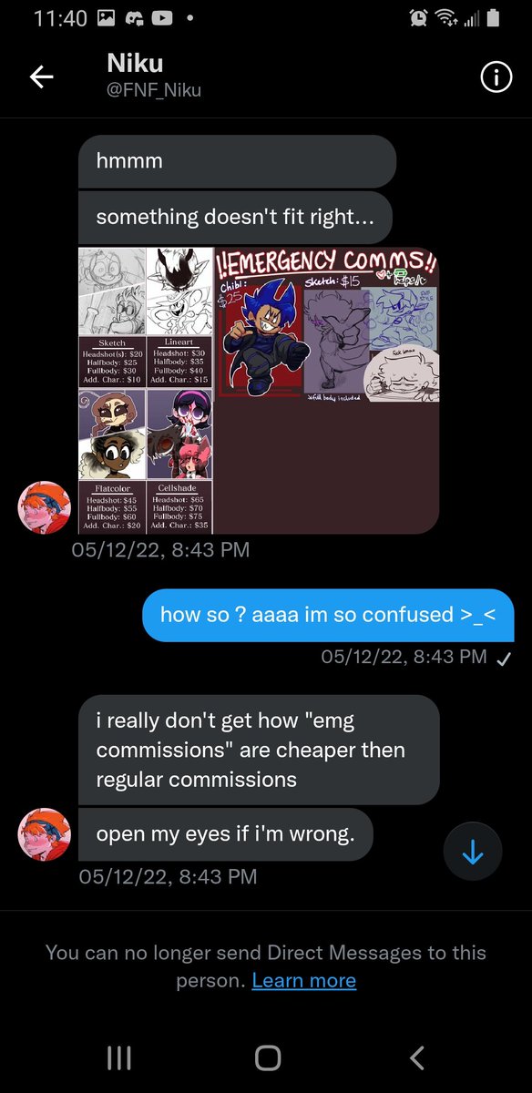 milosartstuff's tweet photo. I didnt really want to make a tweet about this because it wasnt supposed to go this far but I'm really tired of it. Please if you get commissioned by @/Niku_arts or @/FNF_Niku do not take aby commissions. They've made me several uncomfortable on multiple ocassions in our dms+ https://t.co/DCrM4RI4nF