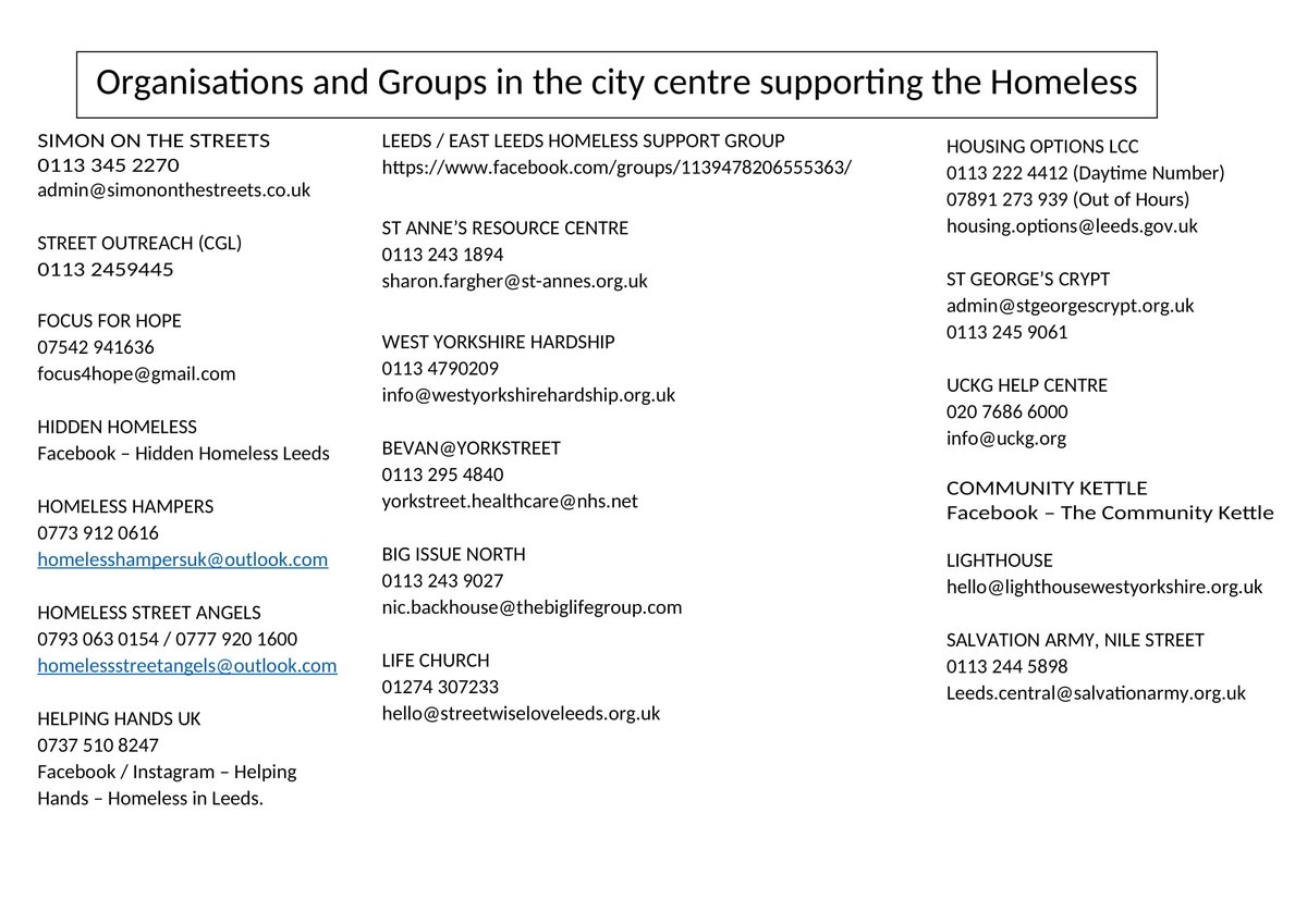 Leeds Homeless Charter (@leedshomelessch) on Twitter photo This document can be used to signpost the homeless community to city centre buildings which can support them and you can find the contact details of different initiatives, some of which don't operate in buildings on the reverse side.
<a href="/SimonHodgsonLCC/">🔳Simon Hodgson🔳</a> <a href="/forwardleeds/">Forward Leeds</a> <a href="/jonswales77/">Rev'd Jon Swales</a> This document can be used to signpost the homeless community to city centre buildings which can support them and you can find the contact details of different initiatives, some of which don't operate in buildings on the reverse side.
<a href="/SimonHodgsonLCC/">🔳Simon Hodgson🔳</a> <a href="/forwardleeds/">Forward Leeds</a> <a href="/jonswales77/">Rev'd Jon Swales</a>