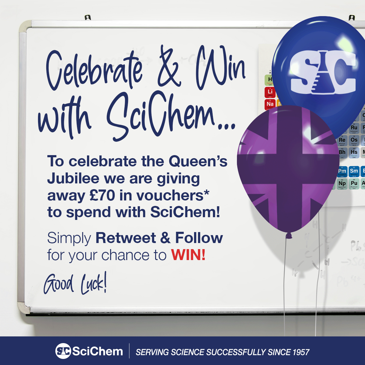 VITTAEducation's tweet photo. To celebrate the Queen’s Jubilee we're giving away £70 in vouchers to spend at SciChem!*

To enter:
🎉 Follow us⠀
🎉 #RT this tweet
 
Competition ends: 23:59 on 19.6.22. 
T&amp;Cs: https://t.co/LVc7UPjKro
 #competition #science #HM70 #STEM
 
*1 x £50 prize &amp; 1 x £20 prize. https://t.co/LHc3yEAyy8