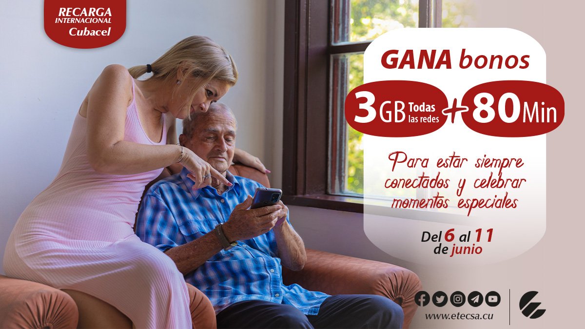 EtecsaServicios's tweet photo. 😃👉 #Promoción de RECARGA Internacional del 6 al 11 de junio.
Si recibes 📲 una recarga entre 500 y 1250 CUP, el monto recargado va a tu saldo principal y además ganas bonos de:
✔️3GB Datos (todas las redes)
✔️80 Minutos
A consumir en los próximos 30 días. 
#CubacelEnLínea https://t.co/5gFoXuhMfz