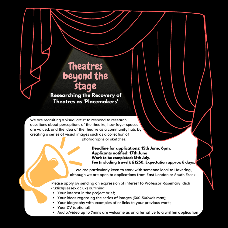 <a href="/Uni_of_Essex/">University of Essex</a> have an exciting opportunity for a visual artist to work with them at <a href="/QueensTheatreH/">Queen's Theatre Hornchurch</a> on their Theatres Beyond the Stage project! Please see the image for the information and how to apply.