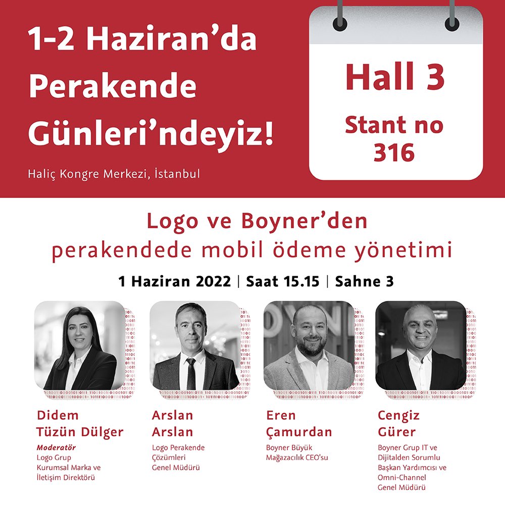 1-2 Haziran tarihlerinde Haliç Kongre Merkezi’nde Perakende Günleri 3. salon, 316 nolu stanttayız!

1 Haziran Çarşamba günü sahne 3, saat 15:15’te gerçekleşecek “Logo ve Boyner’den perakendede mobil ödeme deneyimi” başlıklı oturuma ve standımıza bekleriz.

#PerakendeGünleri2022