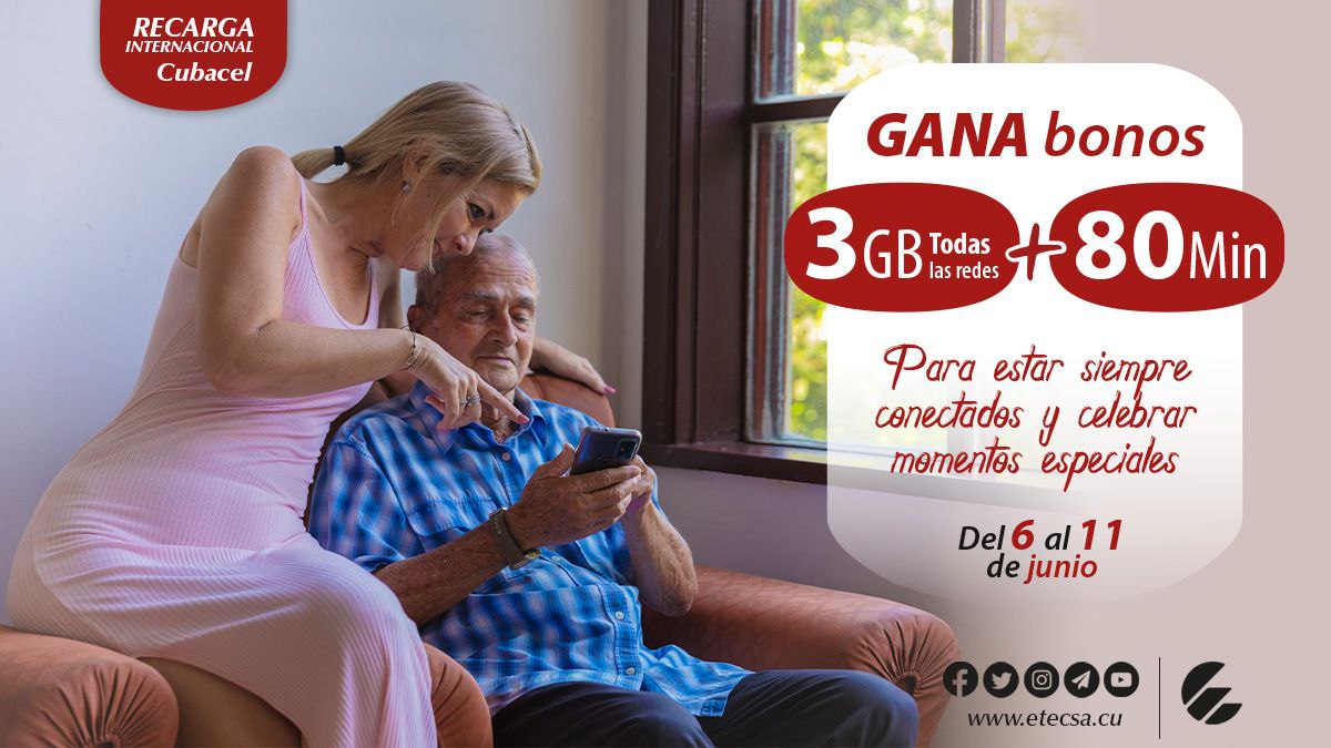 😃👉 #Promoción de RECARGA Internacional del 6 al 11 de junio.
Si recibes 📲 una recarga entre 500 y 1250 CUP, el monto recargado va a tu saldo principal y además ganas bonos de:
✔️3GB Datos (todas las redes)
✔️80 Minutos
A consumir en los próximos 30 días. 
#CubacelEnLínea