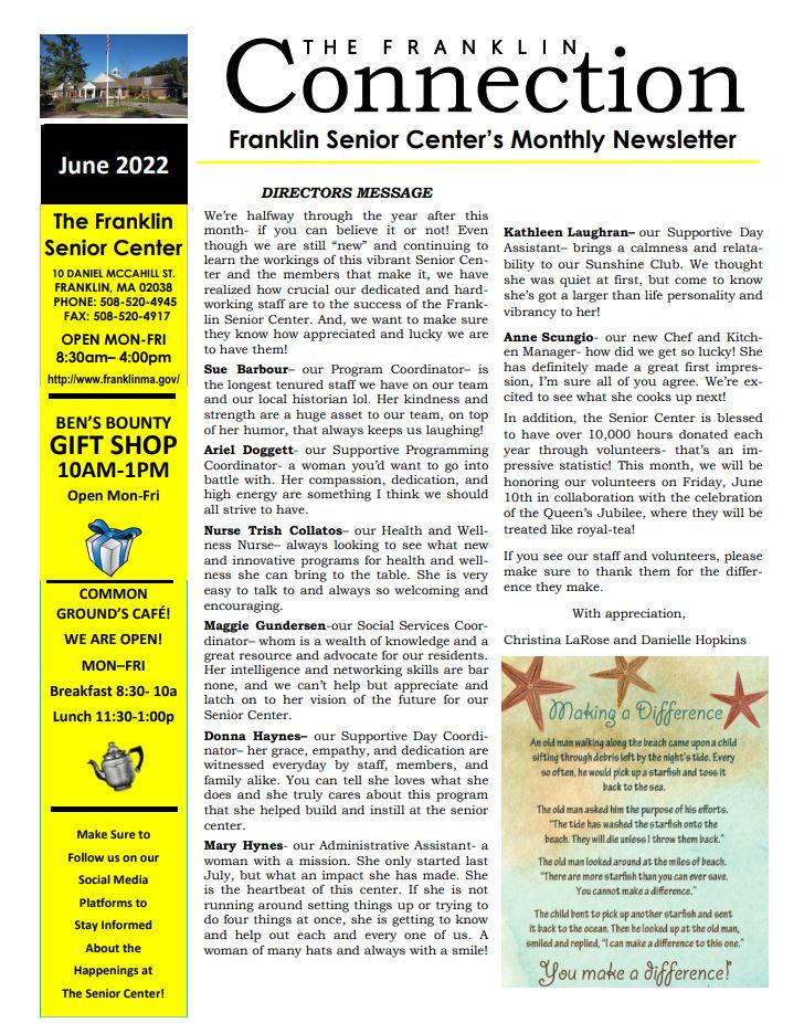 Franklin Senior Center - Newsletter for June - check out all the events!
