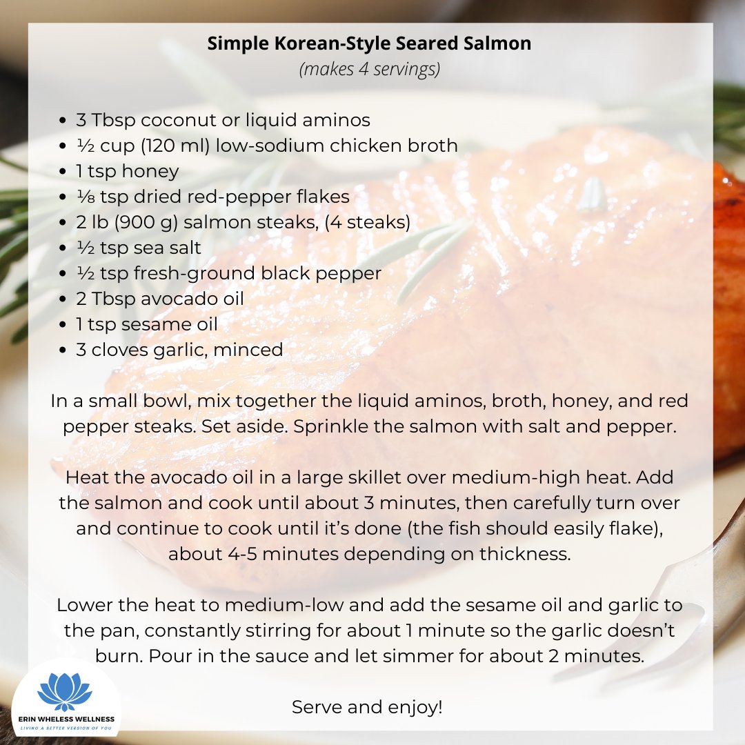 erinwheless's tweet photo. Looking for something quick &amp; easy to cook this week? This Korean Style Seared Salmon is a perfect choice! Hits all umami flavors. #tastytuesday #tuesdayeats  #nutritoncoaching #holisticwellnesscoach #livingabetterverisonofyou #erinwhelesswellness #healthyhabitscoaching https://t.co/PugOjXbZo1