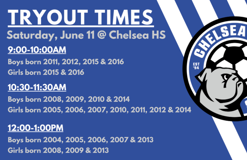 ChelseaSCMI's tweet photo. Tryout times for the Saturday, June 11 tryouts are announced! ⏰

Info &amp; FAQ’s: https://t.co/ERtmYpctxZ

Tryouts Registration: https://t.co/JI1NmXhRHV

#ChelseaSC | #SoccerIsFun💙⚽️ https://t.co/un0BrwSyCb