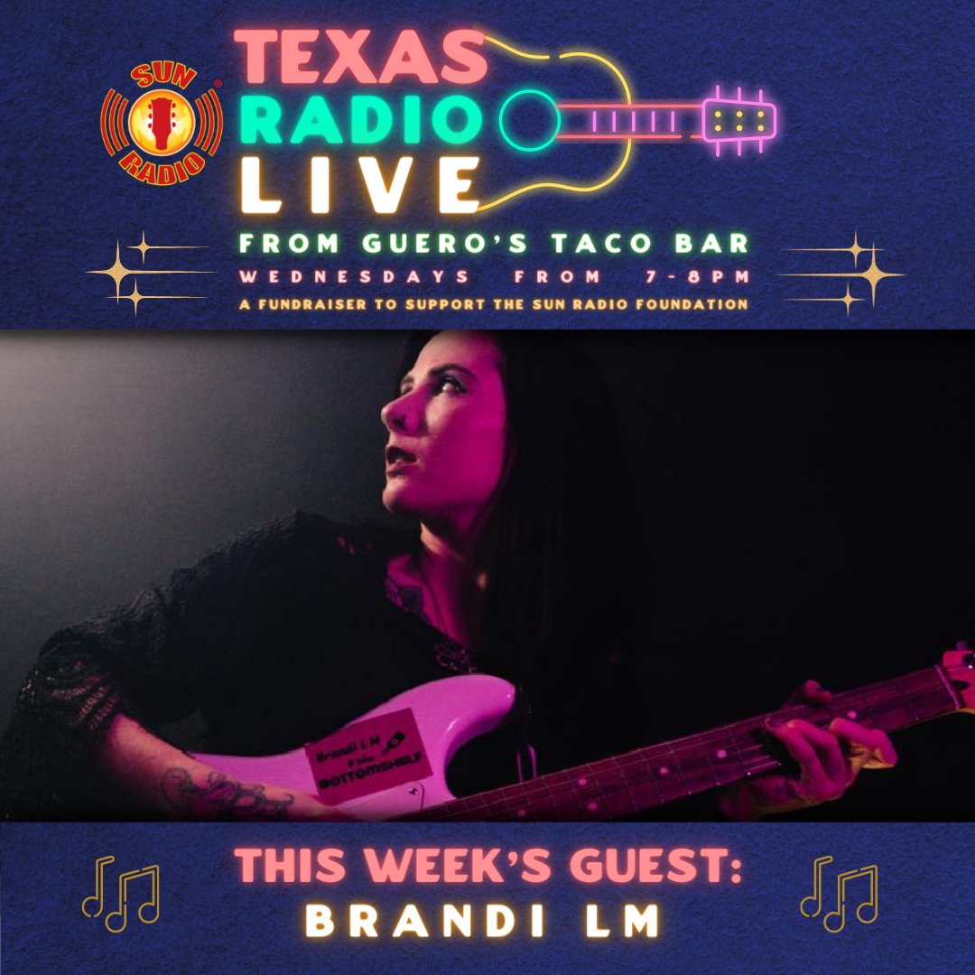 SunRadioTX's tweet photo. Tomorrow 7-8pm: Join Sun Radio in the @guerostacobar Oak Garden for Texas Radio Live with live music from Brandi LM And The Bottomshelf!

Come join us! $10 donation at the gate supports the Sun Radio Foundation.

#sunradio #texasradiolive #gueros #guerostacobar #atx #atxconcert https://t.co/u3RgrHohQI