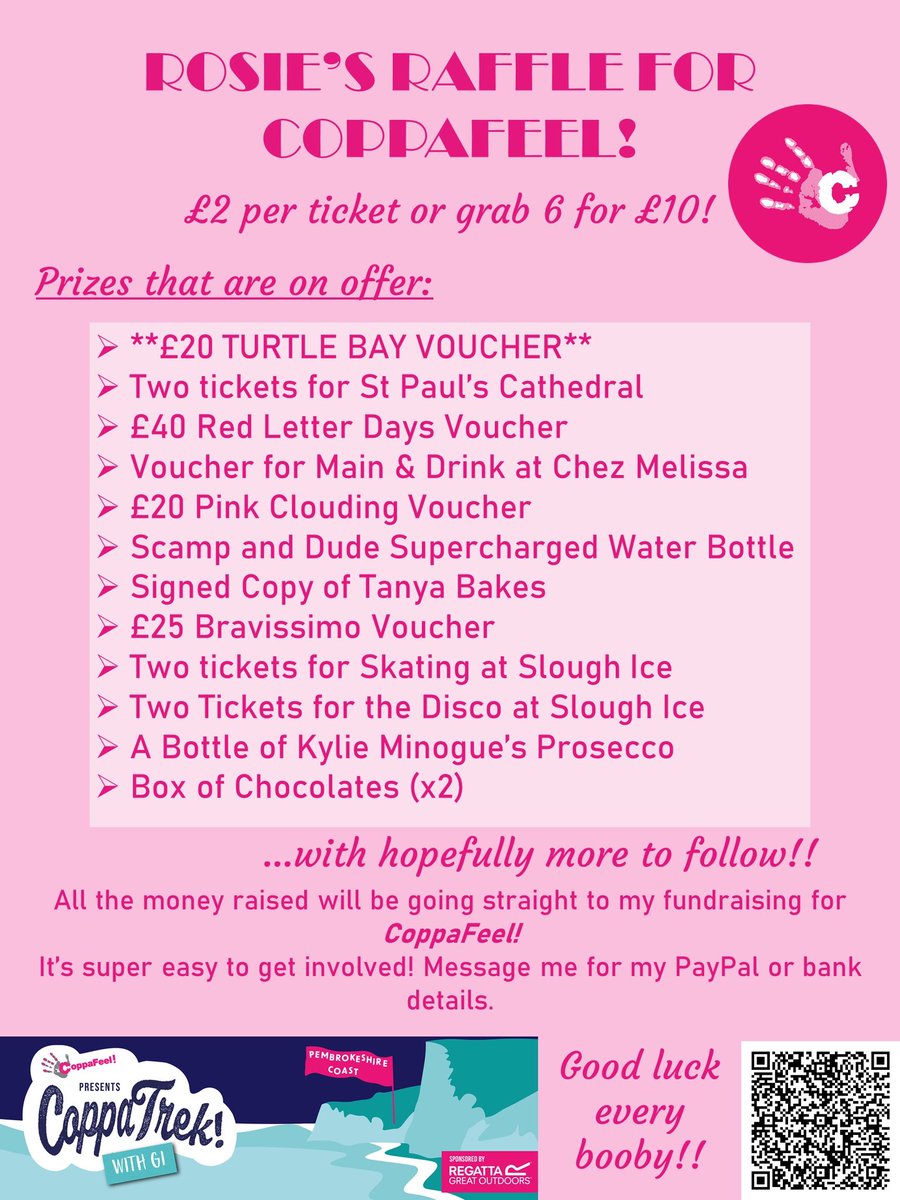 ✨NEW RAFFLE PRIZE ALERT✨

thank you to the legends at <a href="/Turtlebayuk/">Turtle Bay</a> for donating a £20 voucher to add to my raffle! grab your tickets now to be in with the chance of winning 🥰

winners will be drawn after we complete our trek, good luck everybooby 💗

justgiving.com/fundraising/ro…