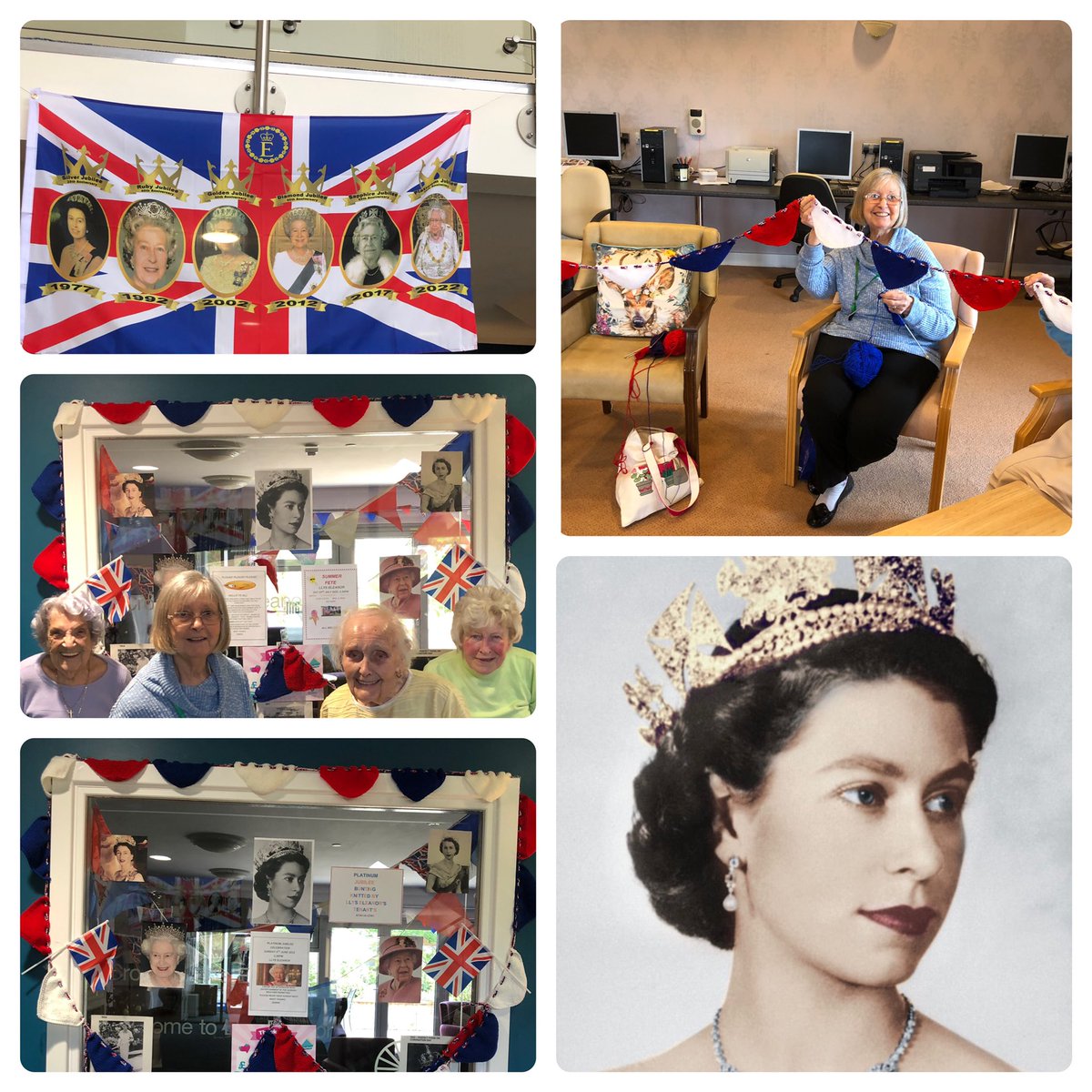 debbiej04969992's tweet photo. Platinum jubilee Tenants at LLYS ELEANOR INDEPENDENT EXTRA CARE we’re pleased with how their knitted bunting turned out😘Looked Amazzzing when added to the display window. We are looking forward to the special weekend ahead . Hope you all enjoy your celebration’s 💕💕 https://t.co/GomqTIpCMz