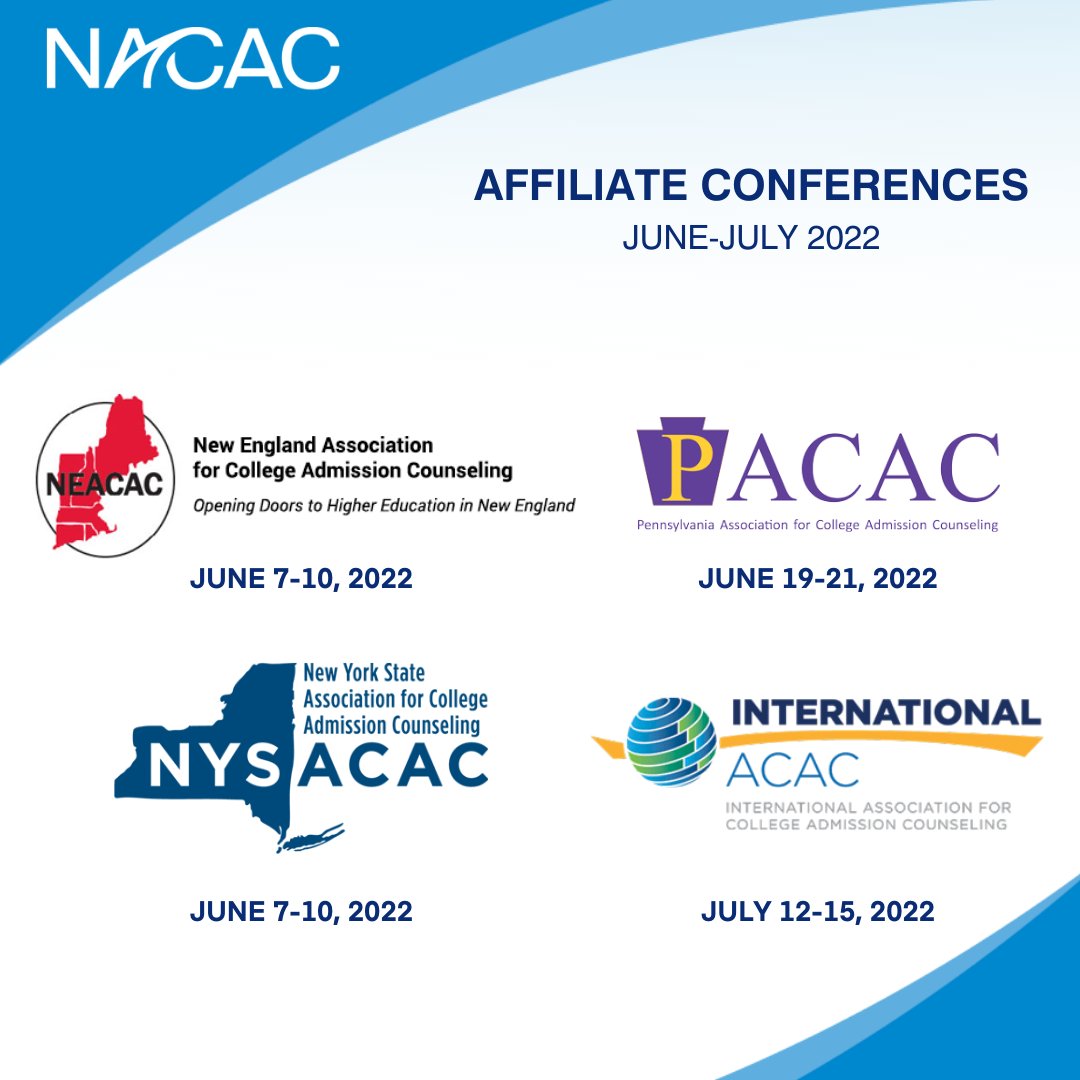 NACAC's tweet photo. June-July 2022 #NACAC Affiliate Conferences: As these four affiliates organizations gather for their 2022 annual conferences, we wish them all the best! For more information, visit https://t.co/HxhxCk2cWm @IntlACAC @NYSACAC @PACAC1954 @NEACAC https://t.co/U3zIvqGNHS