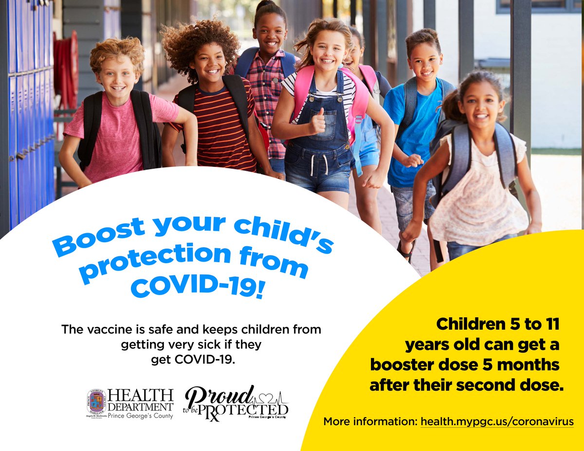 PGCHealth's tweet photo. ICYMI: Children ages 5 to 11 are eligible for #COVID19 booster shots.
Your child is up to date on their COVID vaccinations when they have completed their primary series (two doses of Pfizer) and a booster shot at least five months later.
#proudtobeprotected #vaccinessavelives https://t.co/jyJWlzhb0E