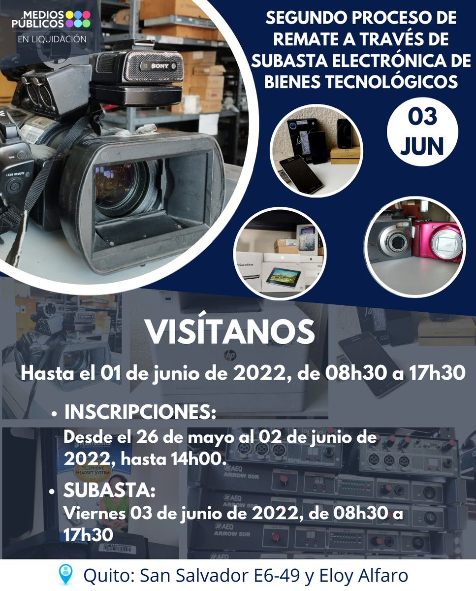 PublicosEC's tweet photo. #ATENCION | PRIMER PROCESO DE REMATE A TRAVÉS DE SUBASTA ELETRÓNICA DE BIENES TECNOLÓGICOS
1. Ingresa: 
https://t.co/IPMGIOYDUO
2. Recuerda leer:
• BASES BIENES TECNOLÓGICOS: https://t.co/uD0Nw0bW6u
• INSTRUCTIVO BIENES TECNOLÓGICOS: https://t.co/grLQF81lAF https://t.co/vmIKflkJoe