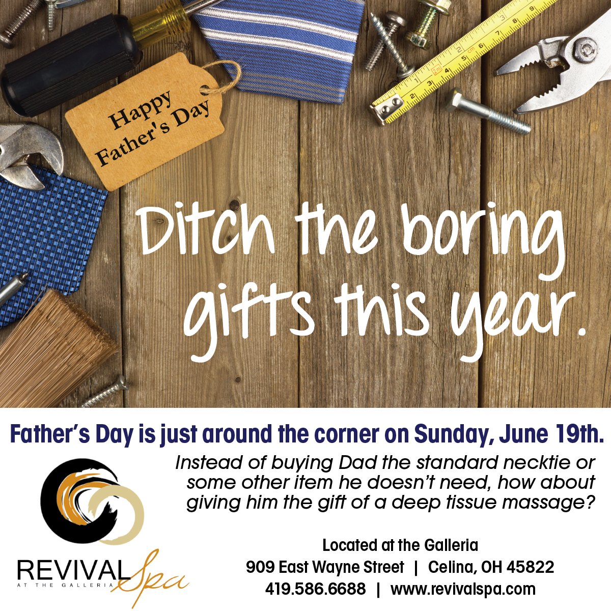 Dad's deserve pampering too. Give him the gift of relaxation this year. 

revivalspa.com