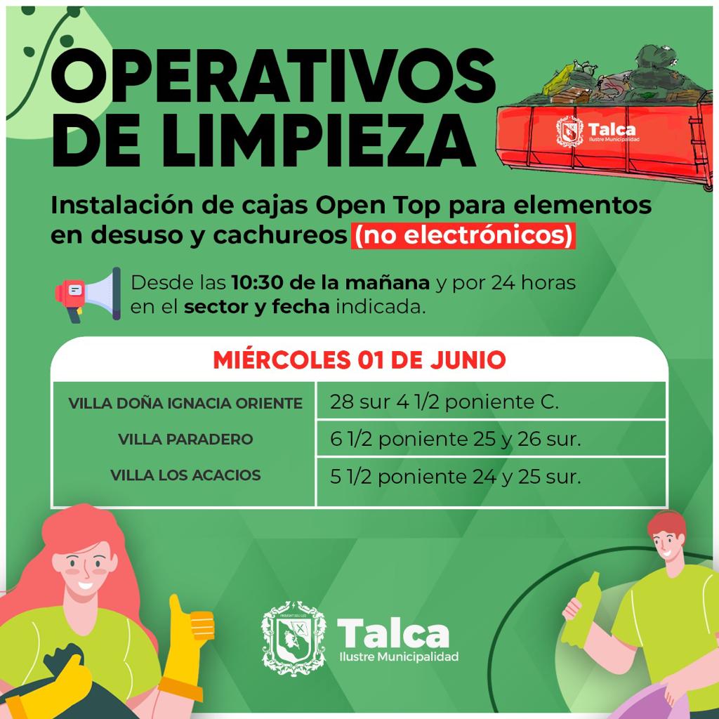Informamos a nuestros vecinos, los lugares y horarios donde estarán instaladas las cajas OPEN TOP para cachureos mañana miércoles.