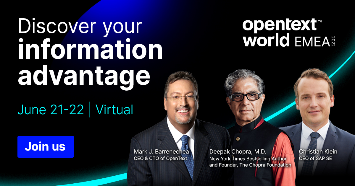 We are nearly ready to welcome you to #OpenTextWorld EMEA 2022 speakers have been announced! Join us and be inspired by today’s most influential thought-leaders. Register now! bit.ly/3sqveV1