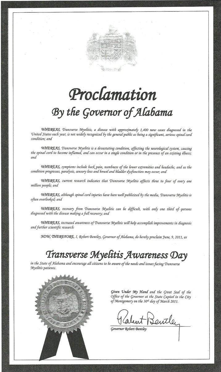 MikeJezdimir's tweet image. June is Transverse Myelitis Awareness month in Alabama and Alabaster, AL has declared June 8th as Transverse Myelitis Awareness Day. Stay tuned for posts on how you can donate to research for this rare disease.