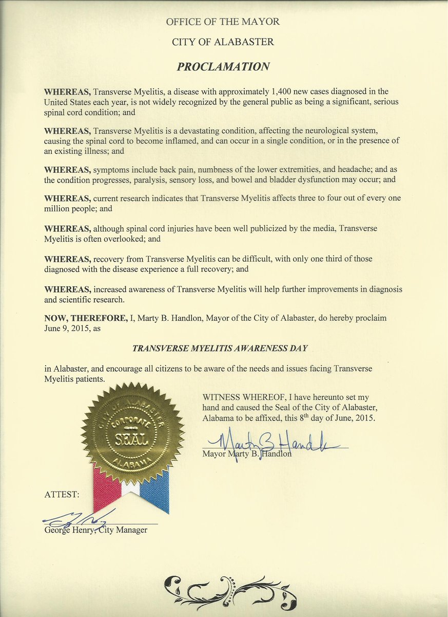 MikeJezdimir's tweet image. June is Transverse Myelitis Awareness month in Alabama and Alabaster, AL has declared June 8th as Transverse Myelitis Awareness Day. Stay tuned for posts on how you can donate to research for this rare disease.
