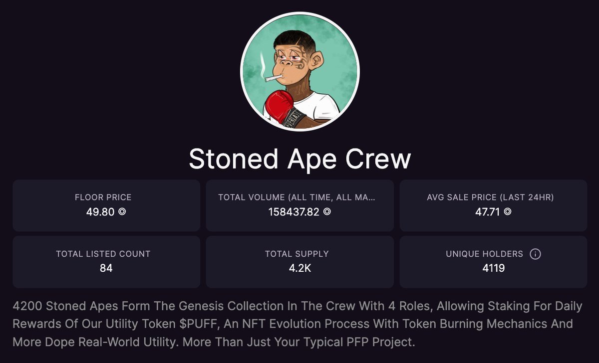 All I keep hearing in this space is, "Builders are the future." Builders this, builders that. <a href="/StonedApeCrew/">Stoned Ape Crew</a> delivers on ALL fronts and pumps out utility, merch, IRL products/events, staking, etc. Yet they don't get the respect they deserve. Put your money where your mouth is.