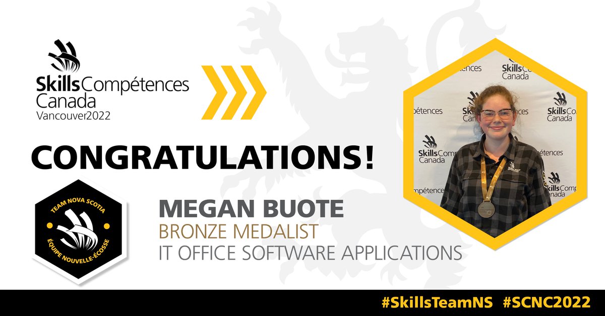 Skills_NS's tweet photo. Congratulations to Team Nova Scotia's Megan Buote, Bronze Medalist in IT Office Software Applications at the 2022 Skills Canada National Competition!
#SkillsTeamNS #SCNC2022 #NovaScotia #itofficesoftware #officesoftware @NSCCIvany https://t.co/g5F3t3T17I