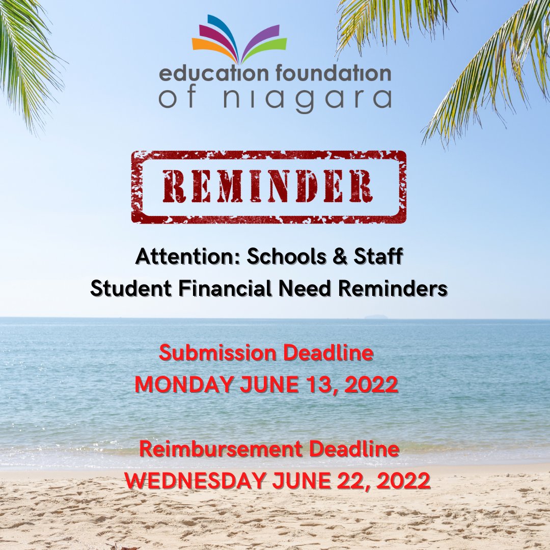 efnniagara's tweet photo. Attention All DSBN Schools &amp; Staff:
A friendly reminder before the end of the School year.
Please be sure to mark your calendars and take note of the following deadlines for Student Financial Need.
Please note no exceptions will be made beyond these dates. Thank you! 

@dsbn https://t.co/RPkvu5QUV4