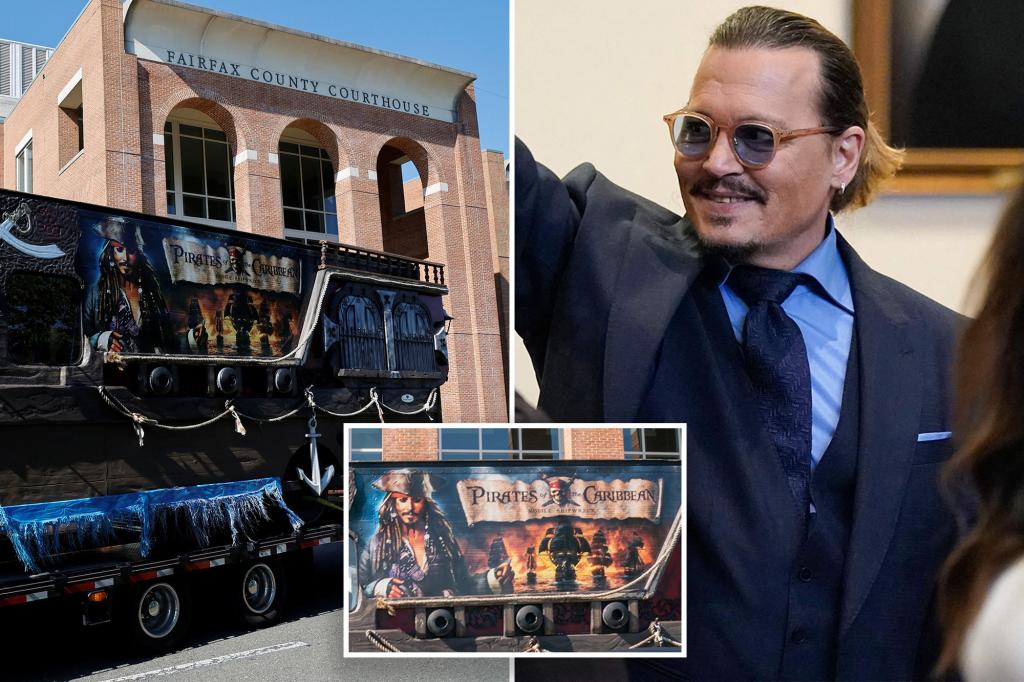 nypost's tweet photo. 'Pirates of the Caribbean' boat passes Depp-Heard court during deliberations https://t.co/uZ6pIkRlE5 https://t.co/rVCg32H4mp