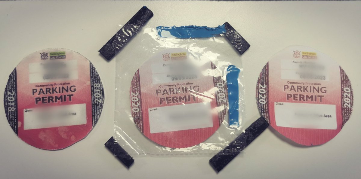 CaFNottmCity's tweet photo. Three fake residential #parking permits seized from one location at the same time, along with 2 expired ones!
Fraudulent permit cause problems for others.
Fines & revocation action is taken.
#easyspot for @REACTNottingham Officers.
#selfishparking #AbuseItAndLoseIt https://t.co/DQgMi4VHpI