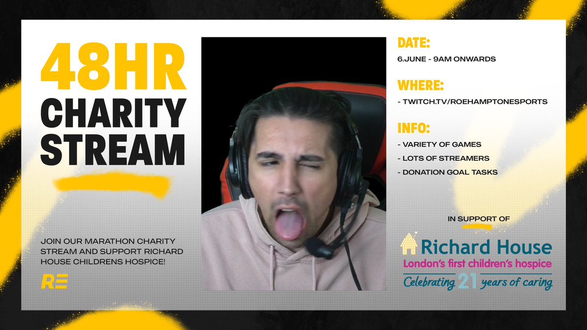🎉 ITS OFFICIAL! 🎉

Roehampton Esports is hosting another Charity Stream for <a href="/RichardHouseCH/">Richard House Trust - In ADM</a> !

But this time we are going even harder with a grand 48 hours on the clock ⏳

Join us on the 6th of June from 9AM BST onwards to support our streamers with a vast variety of games! 🎮
