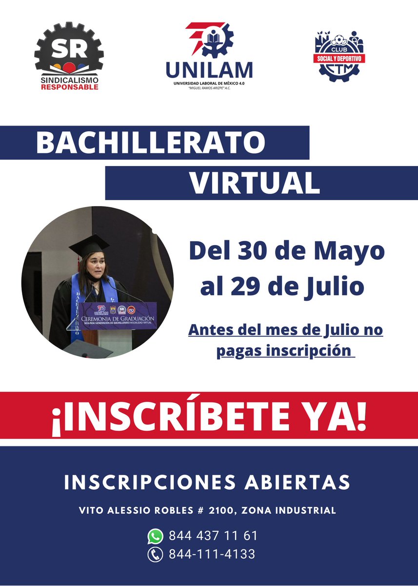 UNILAM4_0's tweet photo. ¡Si te inscribes antes del mes de Julio no pagas inscripción! 

¡Aprovecha esta increíble oportunidad! Tú puedes ser el siguiente egresado de la UNILAM. #soyUNILAM

@tereso_medina 
@SResponsableMX https://t.co/rxifovxXbK