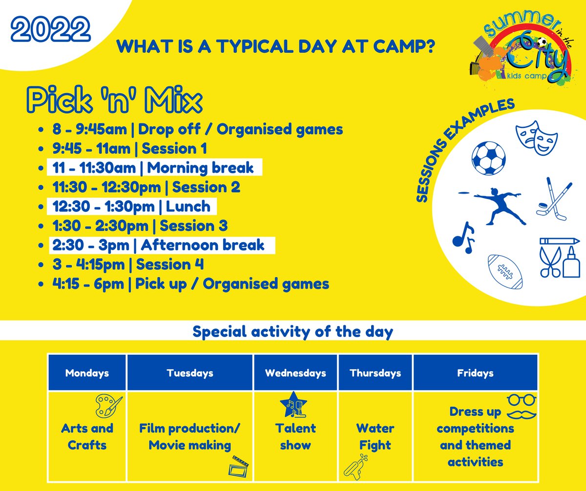 🌈A typical day at camp

To keep our campers engaged and excited, we have a huge diversity of activities and sports to choose from🥳
At SiTC, everyday is different!
For each session, campers can pick what activity they wish to take part in. 
See our special activity of the day.
