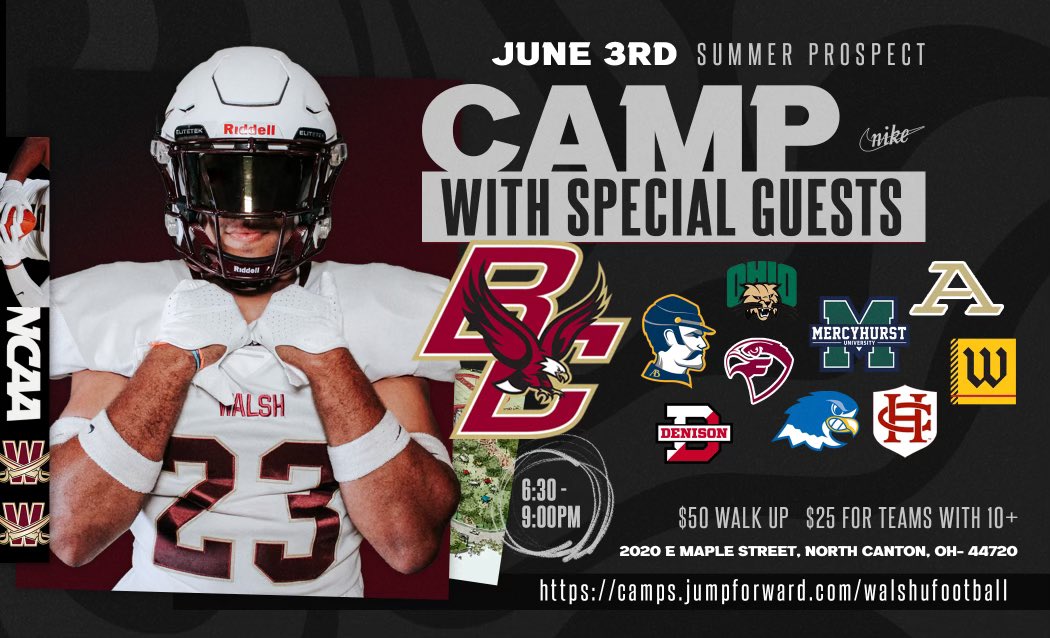 🚨NEW SCHOOLS ADDED🚨 ⚔️WALSH UNIVERSITY SUMMER PROSPECT MEGA CAMP ⚔️ 🔗 camps.jumpforward.com/walshufootball ^signups at the link 🔘LEARN, COMPETE, AND SHOWCASE YOUR SKILLS IN FRONT OF COACHES FROM ALL LEVELS 💰TEAMS WITH 10+ ATHLETES ATTENDING GET A SPECIAL RATE OF $25 PER ATHLETE