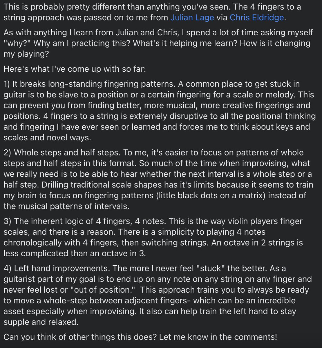 Guitarists. Ever tried playing scales 4 chronological fingers to a string, like a violin? I got this idea via <a href="/CritterEldridge/">Chris Eldridge</a> from <a href="/julian_lage/">Julian Lage</a> and my thoughts on "why?" are below. ( bit.ly/catchthebeatfr… +  click feed tab for my demo vid of this approach in Emaj)