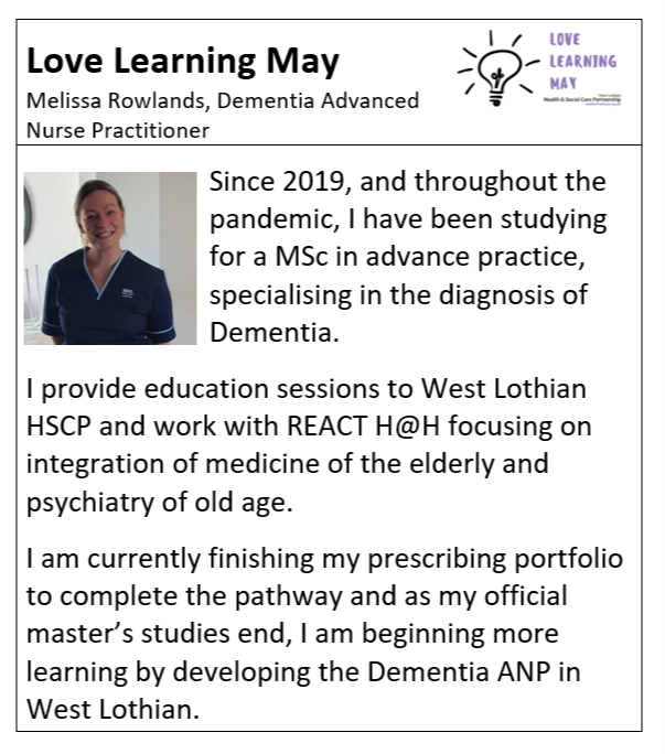 As part of #LoveLearningMay and #DementiaAwarenessWeek we caught up with Dementia ANP @MelRowlands1 about the learning she's undertaken throughout the pandemic. @alzscot @sharon_sansome 

To read more follow the link tinyurl.com/4et9649z