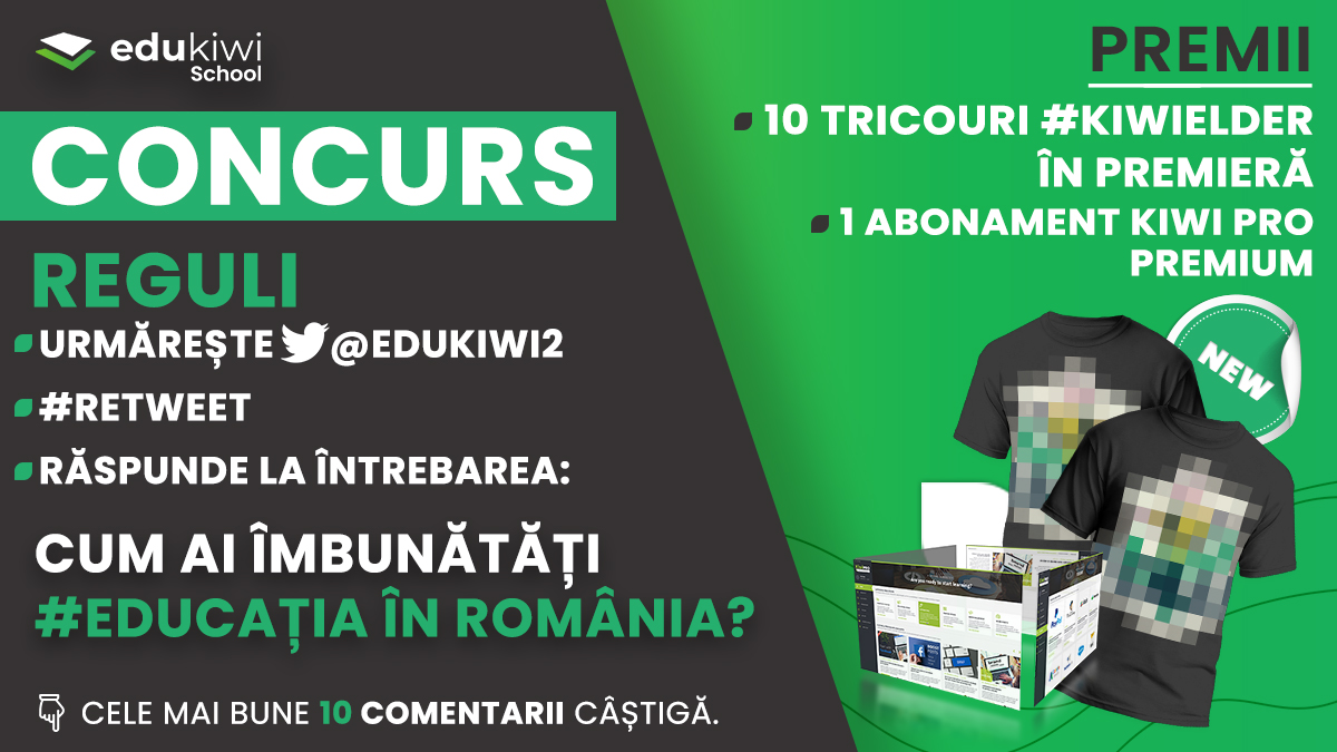 eduKiwi2's tweet photo. 🎁 CONCURS

🥇PREMII: 10 Tricouri #KiwiElder în Premieră și 1 abonament Kiwi PRO

ℹ️ Reguli: 
 - Urmărește @https://twitter.com/eduKiwi2 
-  #Retweet 
- Răspunde la întrebarea: Cum ai îmbunătăți #educația în România?

Cele mai bune 10 comentarii câștigă. https://t.co/x9cWAXeH5O