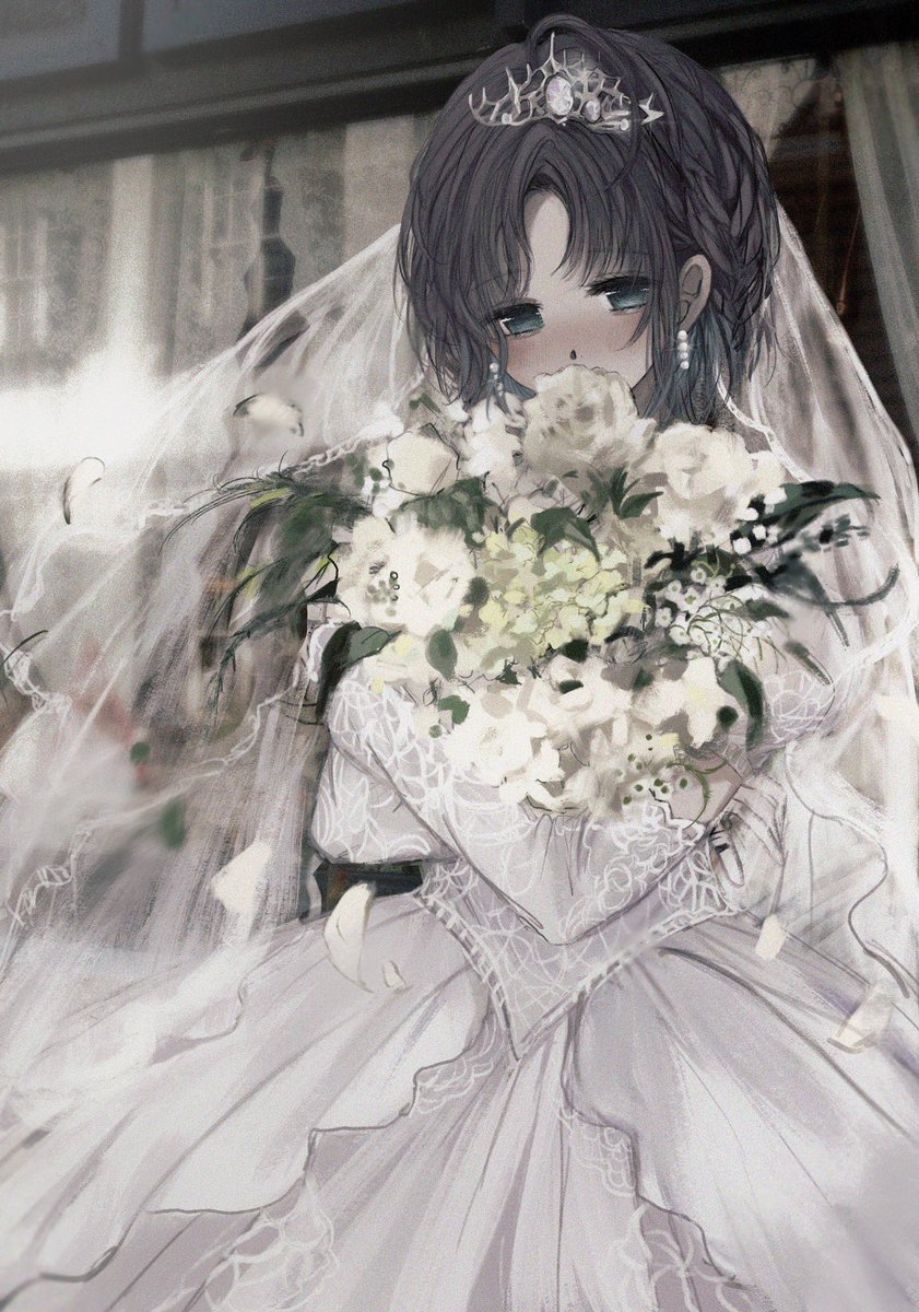 asakura toru 1girl dress wedding dress solo bouquet veil flower  illustration images