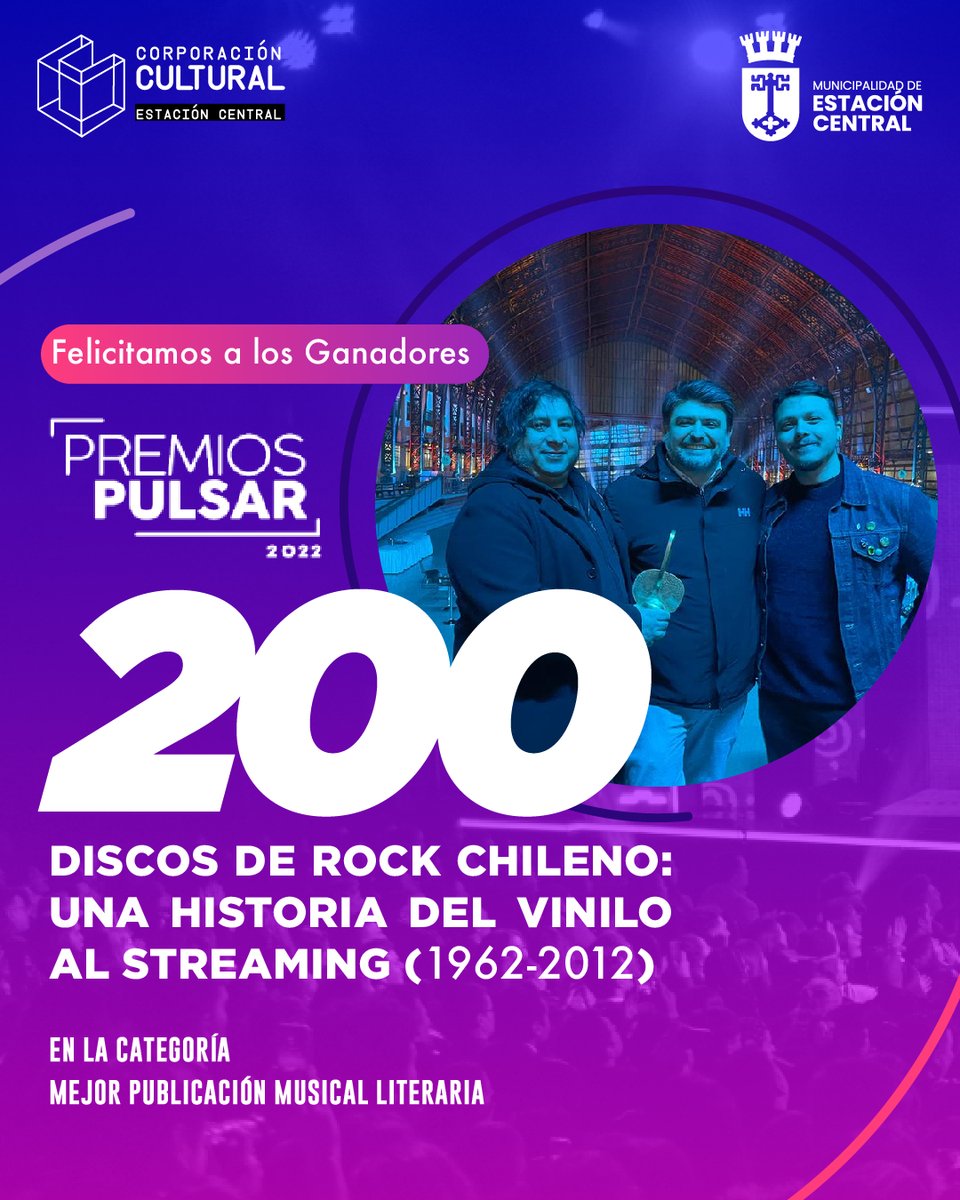 ec_cultura's tweet image. 🏆CENTRALINOS GANADORES EN LOS PREMIOS PULSAR 2022 🏆

📀 "200 Discos de Rock Chileno: Una Historia del Vinilo al Streaming", fue ganador 🥇 en los Premios Pulsar 2022, en la categoría "Mejor Publicación Musical Literaria". 📕

🎉 ¡FELICIDADES AL EQUIPO DE @DISCOSROCKCL! 🎉