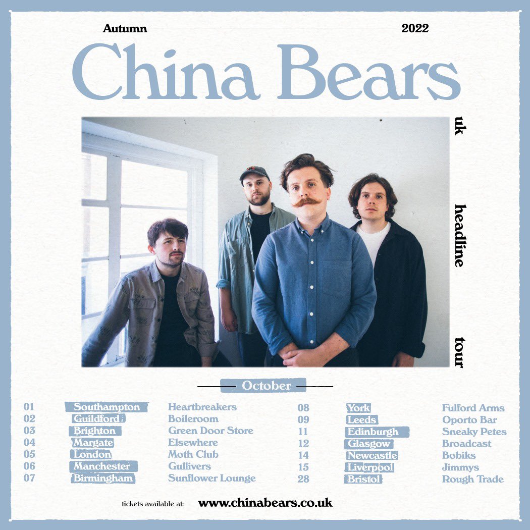 chinabearsband's tweet photo. ⚡️⚡️UK TOUR ⚡️⚡️

overjoyed to announce our headline UK tour this October! 

we’ll be returning to a bunch of our favourite cities as well as some brand new ones 🤠

tickets available now from the link below, we can’t wait to see you all 🙌

🎟 https://t.co/2vTxYmL3kI https://t.co/OLHCPbzZWr