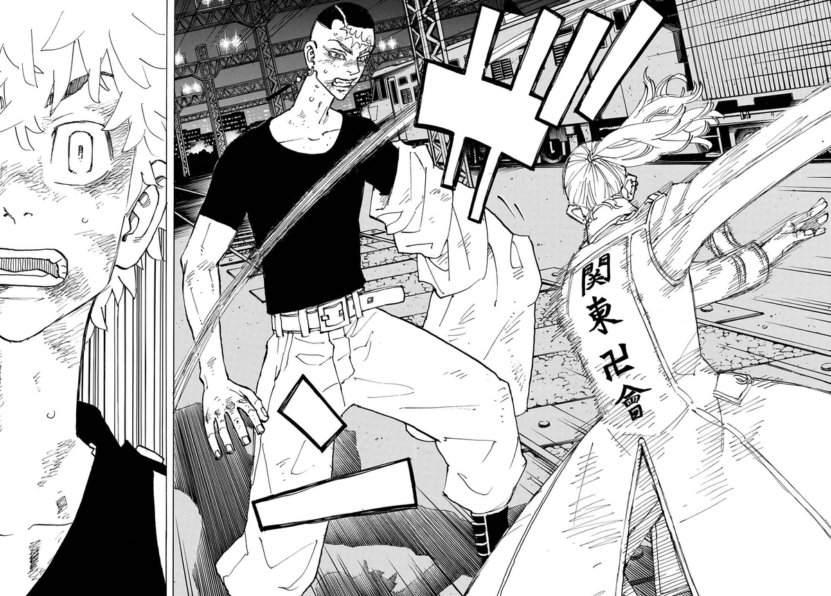 keisfangs's tweet photo. #TokyoRevengers255 #TR255 

it seems that sanzu managed to make a critical cut to kakucho and those words, kakucho said them bc he's going to fight no matter what the result is 😭 https://t.co/WynxwvvRu0