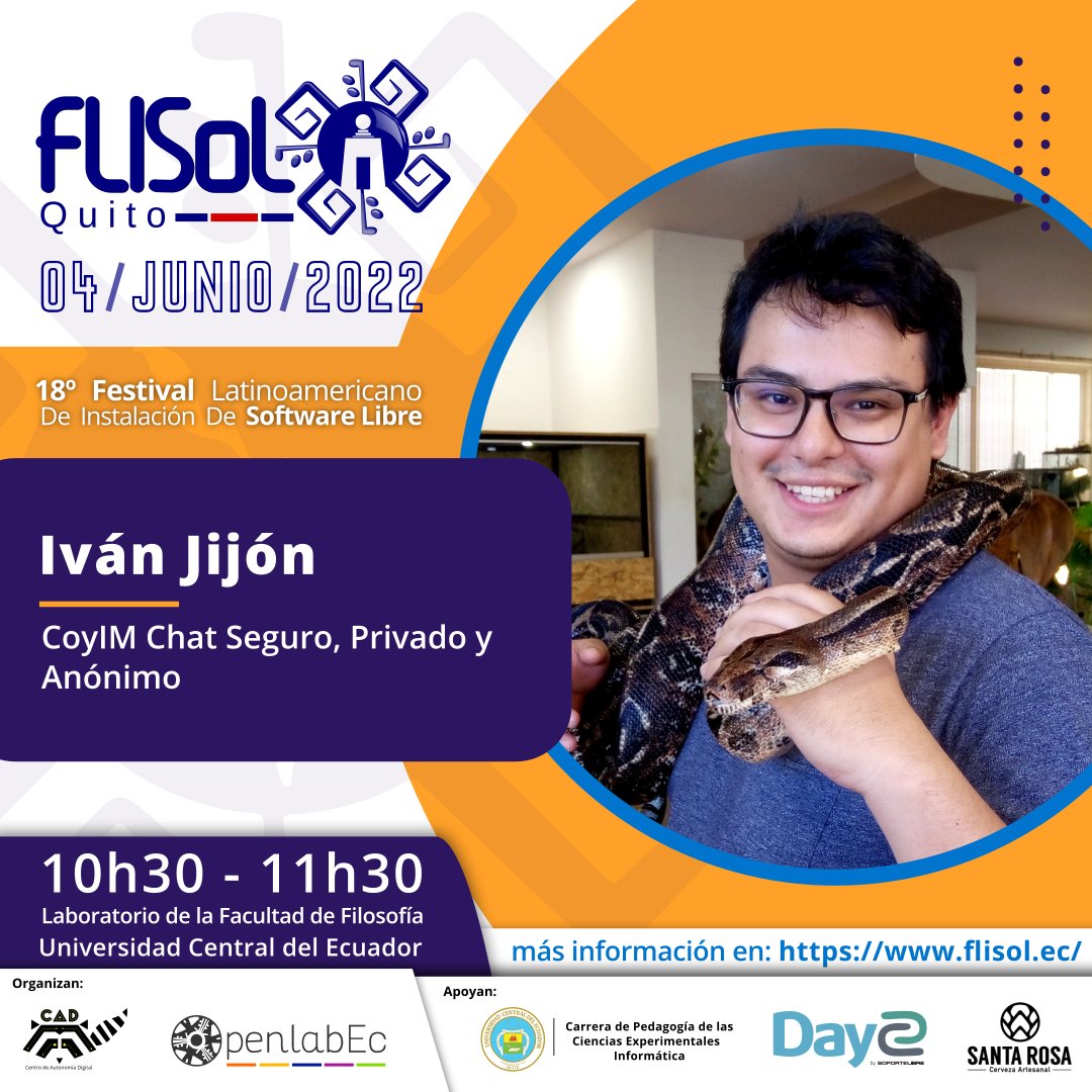 FlisolQuito's tweet photo. 📌#CoyIM Chat Seguro, Privado y Anónimo | Iván Jijón

📝https://t.co/wNiQ9ZbCtn, sede Quito
📆4 de junio
🕔10:30 - 11:30
🏛Universidad Central del Ecuador - Facultad de Filosofía

@somos_CAD @OpenlabEc @lacentralec @soportelibre @santarosabeer @JijonIvan https://t.co/Cc3NQh1qwh