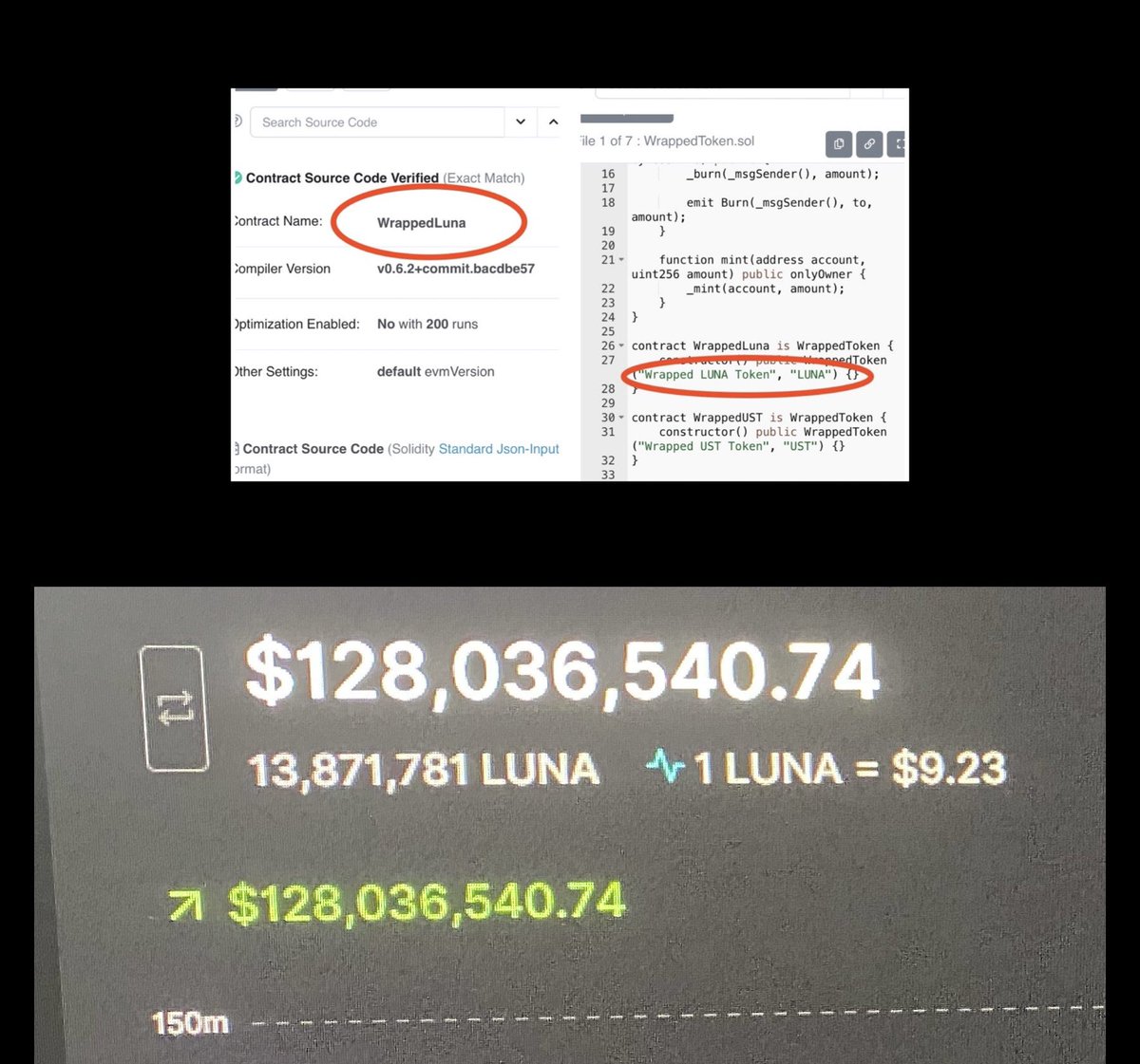 TXGabagool's tweet photo. $wLUNA #wLUNA Why would Ledger trace the new Luna you ask? Because the contract CODE references LUNA and cannot be changed! Doesn’t matter what ticker or new name they call it, the CODE remains the same https://t.co/D7HMqCl6tV