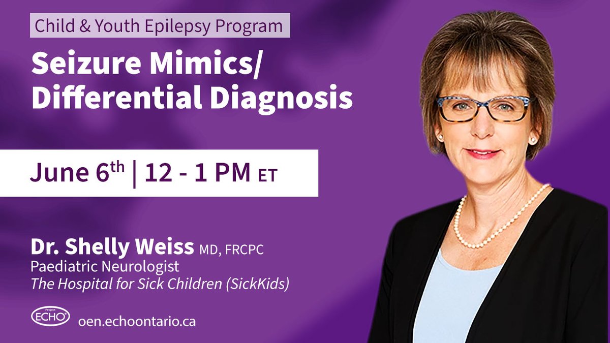 #HCPs, join Dr. Shelly Weiss, Paediatric Neurologist <a href="/SickKidsNews/">The Hospital for Sick Children (SickKids)</a> and our child &amp; youth #epilepsy community for clinical pearls on “Seizure Mimics/ Differential Diagnosis”, followed by a patient case discussion. 

June 6 | 12-1pm
Register➡️oen.echoontario.ca/sickkids/?utm_…
#MedEd #seizure